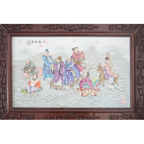 197 - A large Chinese enamelled porcelain eight immortals plaque, late 20th century, the plaque 34cm x 5... 