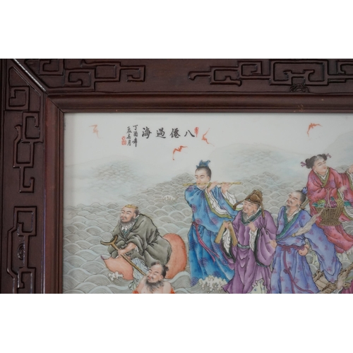 197 - A large Chinese enamelled porcelain eight immortals plaque, late 20th century, the plaque 34cm x 5... 