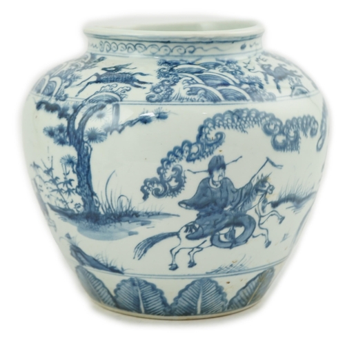 198 - A Chinese blue and white ovoid jar, guan, Ming style, painted with dignitaries on horseback in a lan... 