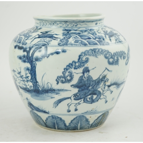 198 - A Chinese blue and white ovoid jar, guan, Ming style, painted with dignitaries on horseback in a lan... 