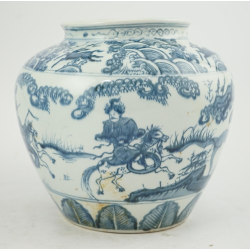 198 - A Chinese blue and white ovoid jar, guan, Ming style, painted with dignitaries on horseback in a lan... 