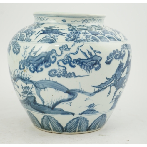 198 - A Chinese blue and white ovoid jar, guan, Ming style, painted with dignitaries on horseback in a lan... 