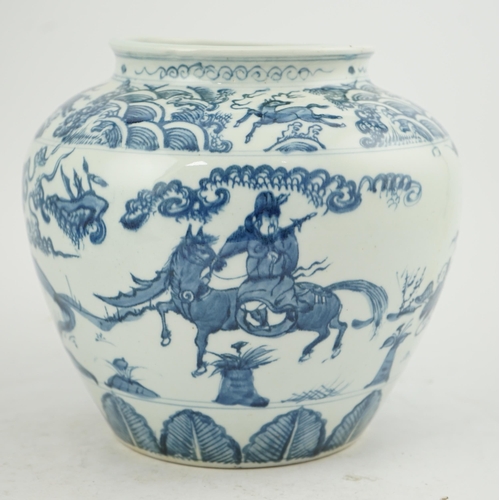 198 - A Chinese blue and white ovoid jar, guan, Ming style, painted with dignitaries on horseback in a lan... 