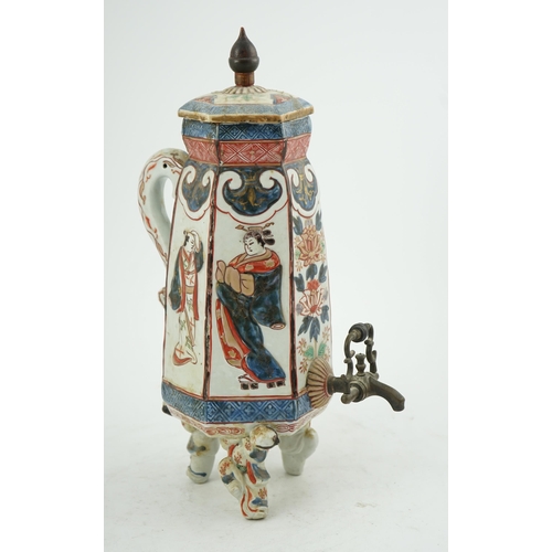 2 - A Japanese Imari style coffee pot, Hizen ware, c.1700-1730, of hexagonal tapering form, the panelled... 