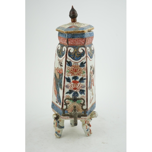 2 - A Japanese Imari style coffee pot, Hizen ware, c.1700-1730, of hexagonal tapering form, the panelled... 