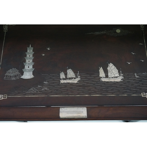 207 - A large Chinese hongmu and silver mounted tray and stand, c.1900-10, the tray inlaid with ships in a... 