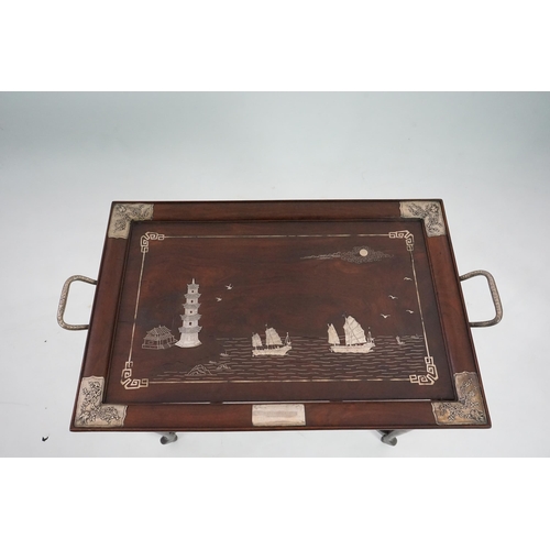 207 - A large Chinese hongmu and silver mounted tray and stand, c.1900-10, the tray inlaid with ships in a... 