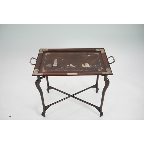 207 - A large Chinese hongmu and silver mounted tray and stand, c.1900-10, the tray inlaid with ships in a... 