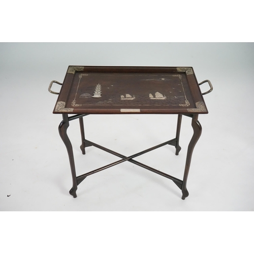 207 - A large Chinese hongmu and silver mounted tray and stand, c.1900-10, the tray inlaid with ships in a... 