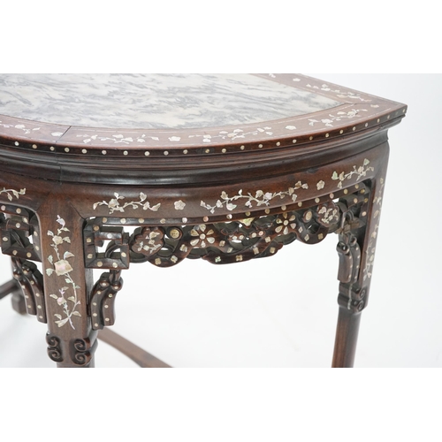 208 - A Chinese hongmu and floral mother of pearl inlaid console table, late 19th/early 20th century, the ... 