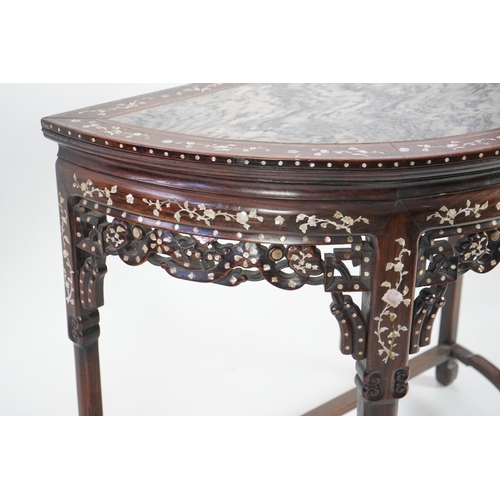 208 - A Chinese hongmu and floral mother of pearl inlaid console table, late 19th/early 20th century, the ... 