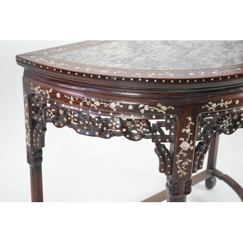 208 - A Chinese hongmu and floral mother of pearl inlaid console table, late 19th/early 20th century, the ... 