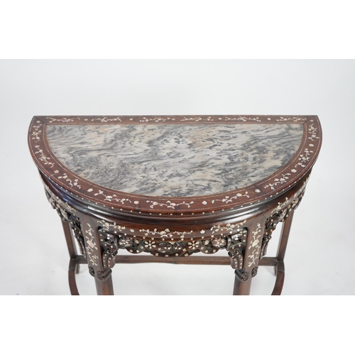 208 - A Chinese hongmu and floral mother of pearl inlaid console table, late 19th/early 20th century, the ... 