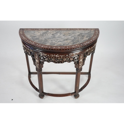 208 - A Chinese hongmu and floral mother of pearl inlaid console table, late 19th/early 20th century, the ... 