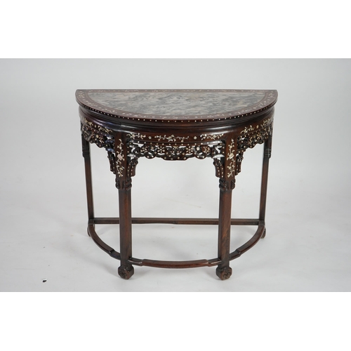 208 - A Chinese hongmu and floral mother of pearl inlaid console table, late 19th/early 20th century, the ... 