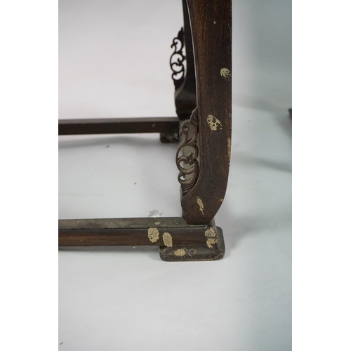 209 - A pair of Chinese jichimu horseshoe shaped armchairs and a matching table, 19th/20th century, all wi... 