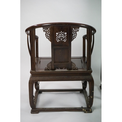 209 - A pair of Chinese jichimu horseshoe shaped armchairs and a matching table, 19th/20th century, all wi... 