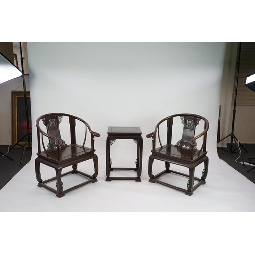 209 - A pair of Chinese jichimu horseshoe shaped armchairs and a matching table, 19th/20th century, all wi... 