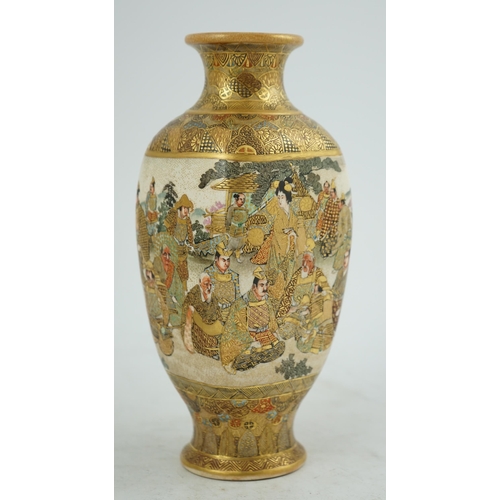 21 - A Japanese Satsuma square section vase, Meiji period, painted with rakan visiting a group of elders ... 