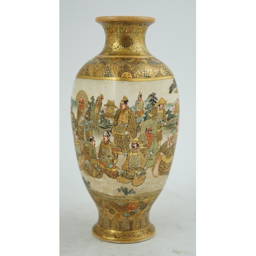 21 - A Japanese Satsuma square section vase, Meiji period, painted with rakan visiting a group of elders ... 