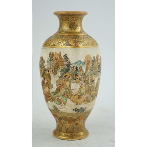 21 - A Japanese Satsuma square section vase, Meiji period, painted with rakan visiting a group of elders ... 