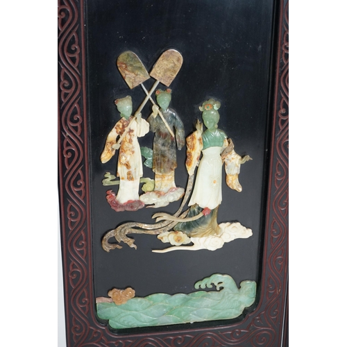 210 - A Chinese tixi lacquer and carved soapstone overlaid six panel screen, mid 20th century, relief deco... 