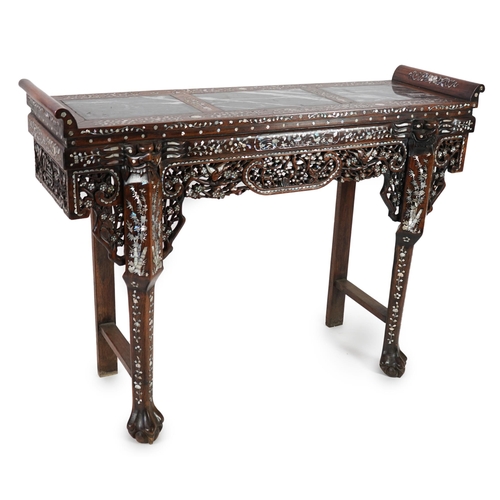 211 - A good Chinese mother-of-pearl inlaid and marble topped hongmu altar table, late 19th/early 20th cen... 