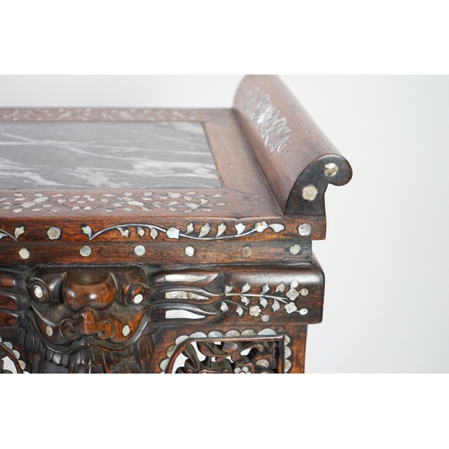 211 - A good Chinese mother-of-pearl inlaid and marble topped hongmu altar table, late 19th/early 20th cen... 