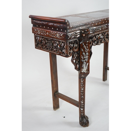 211 - A good Chinese mother-of-pearl inlaid and marble topped hongmu altar table, late 19th/early 20th cen... 