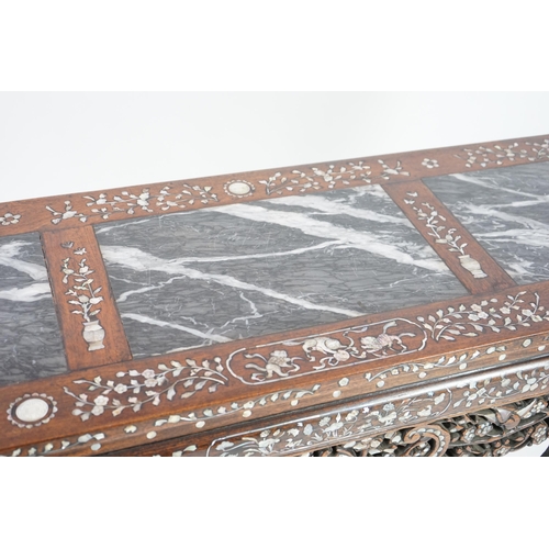 211 - A good Chinese mother-of-pearl inlaid and marble topped hongmu altar table, late 19th/early 20th cen... 