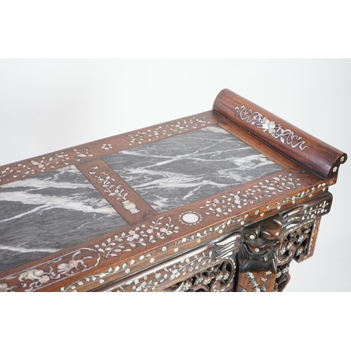 211 - A good Chinese mother-of-pearl inlaid and marble topped hongmu altar table, late 19th/early 20th cen... 