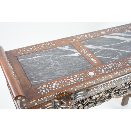 211 - A good Chinese mother-of-pearl inlaid and marble topped hongmu altar table, late 19th/early 20th cen... 