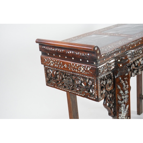 211 - A good Chinese mother-of-pearl inlaid and marble topped hongmu altar table, late 19th/early 20th cen... 