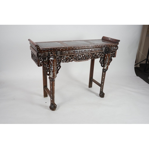 211 - A good Chinese mother-of-pearl inlaid and marble topped hongmu altar table, late 19th/early 20th cen... 