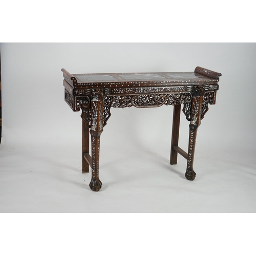 211 - A good Chinese mother-of-pearl inlaid and marble topped hongmu altar table, late 19th/early 20th cen... 