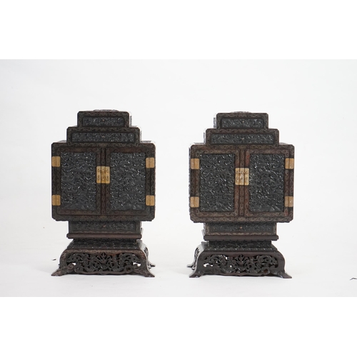 213 - An important pair of Chinese carved zitan and silver wire inlaid cloud and dragon curio cabinets a... 