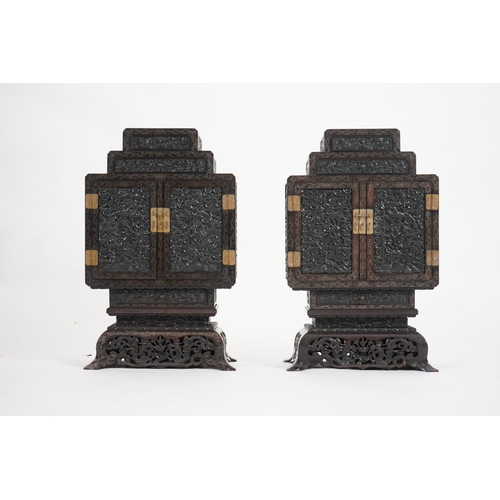 213 - An important pair of Chinese carved zitan and silver wire inlaid cloud and dragon curio cabinets a... 