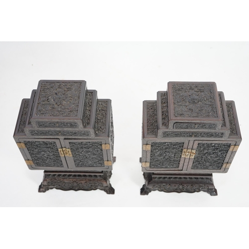 213 - An important pair of Chinese carved zitan and silver wire inlaid cloud and dragon curio cabinets a... 