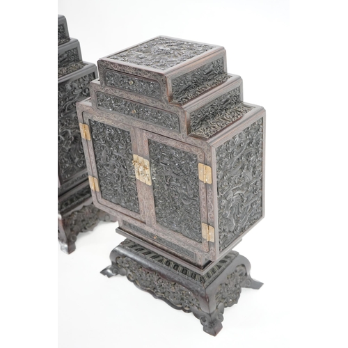 213 - An important pair of Chinese carved zitan and silver wire inlaid cloud and dragon curio cabinets a... 