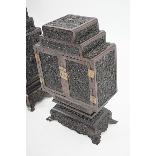 213 - An important pair of Chinese carved zitan and silver wire inlaid cloud and dragon curio cabinets a... 