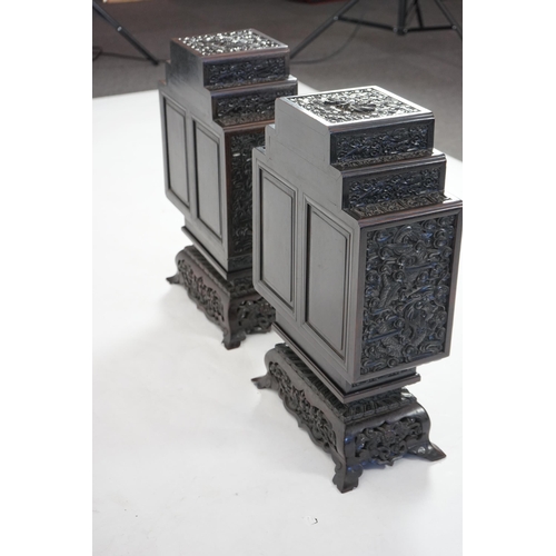 213 - An important pair of Chinese carved zitan and silver wire inlaid cloud and dragon curio cabinets a... 