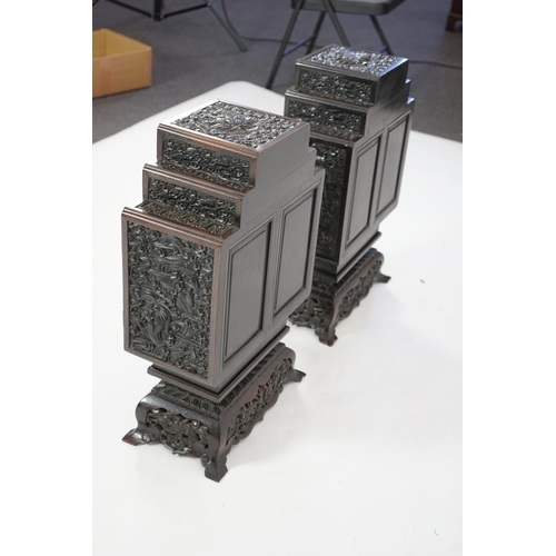 213 - An important pair of Chinese carved zitan and silver wire inlaid cloud and dragon curio cabinets a... 