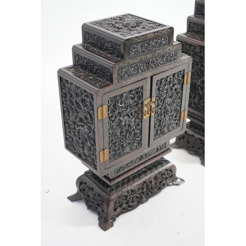 213 - An important pair of Chinese carved zitan and silver wire inlaid cloud and dragon curio cabinets a... 