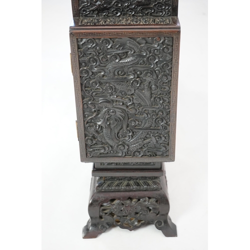 213 - An important pair of Chinese carved zitan and silver wire inlaid cloud and dragon curio cabinets a... 