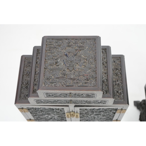 213 - An important pair of Chinese carved zitan and silver wire inlaid cloud and dragon curio cabinets a... 