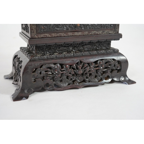 213 - An important pair of Chinese carved zitan and silver wire inlaid cloud and dragon curio cabinets a... 