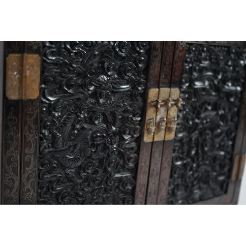 213 - An important pair of Chinese carved zitan and silver wire inlaid cloud and dragon curio cabinets a... 