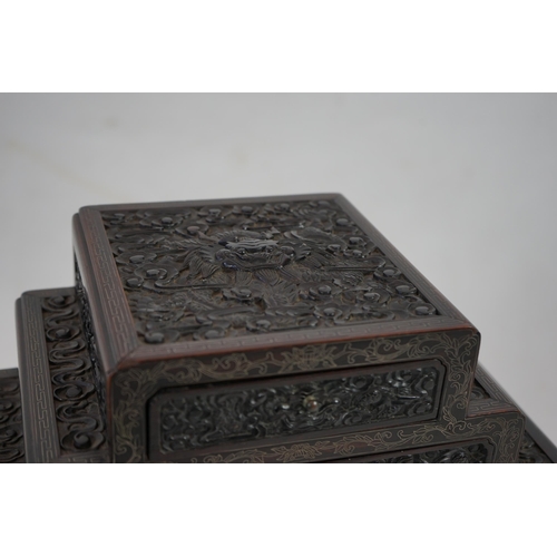 213 - An important pair of Chinese carved zitan and silver wire inlaid cloud and dragon curio cabinets a... 