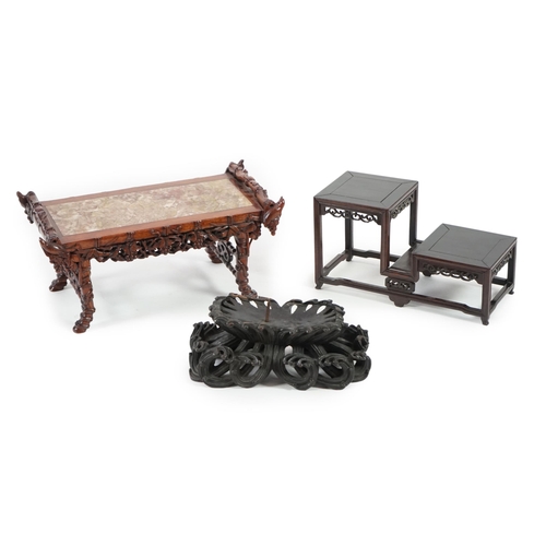 214 - Three Chinese carved wood stands, 19th/early 20th century the first a model of an altar table with m... 