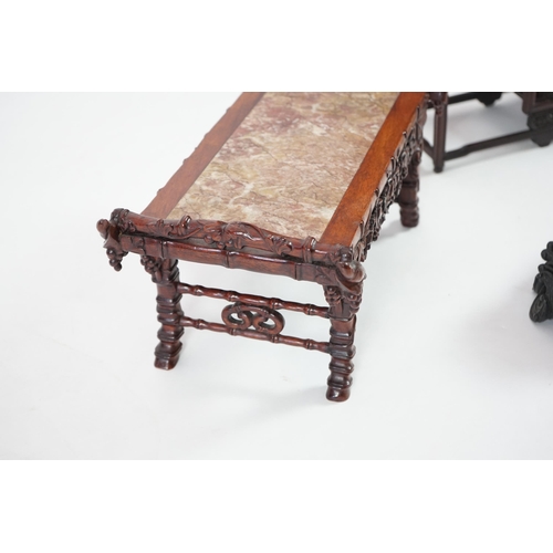 214 - Three Chinese carved wood stands, 19th/early 20th century the first a model of an altar table with m... 